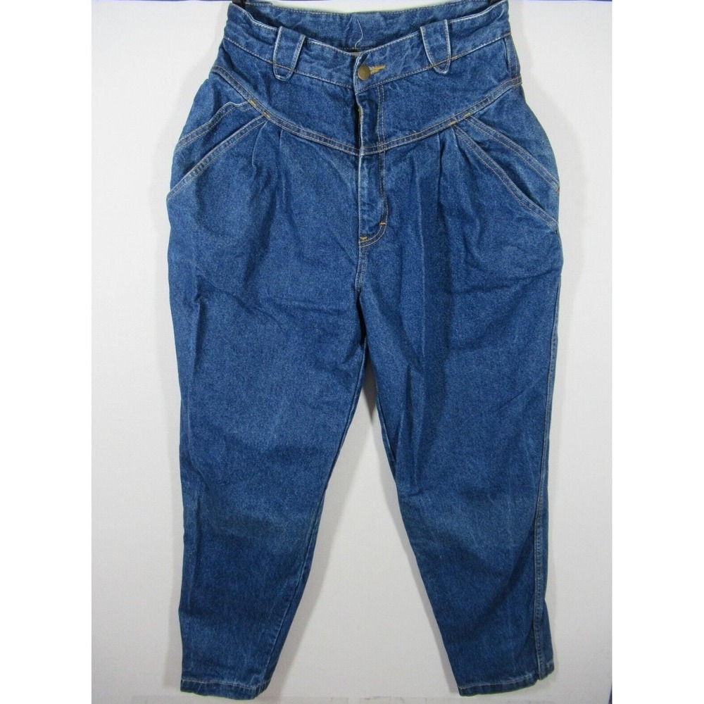 Vintage 80s 90s Pleated High Rise Bareback Jeans Women French Navy
